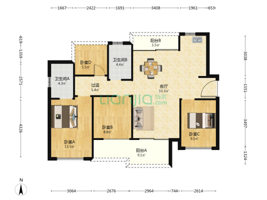 龙湖天宸原著二期 4室1厅2卫 117平方