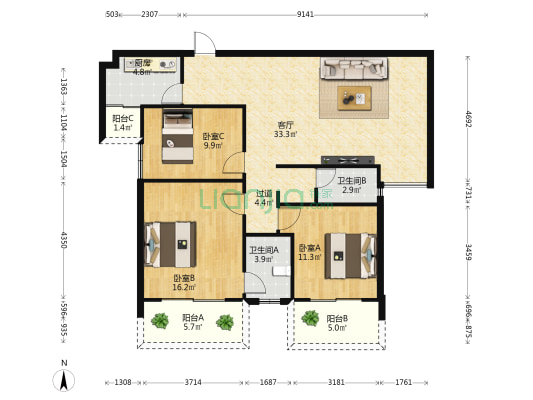 湖江公寓 3室1厅2卫 121平方