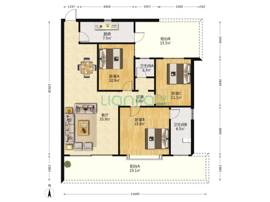 东都嘉园 3室1厅2卫 125平方