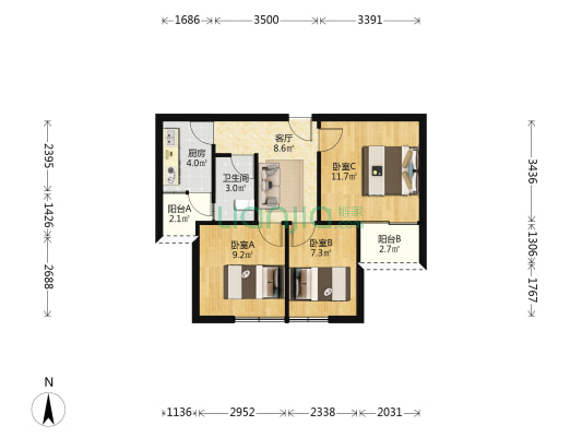 新光大厦 3室1厅1卫 66平方