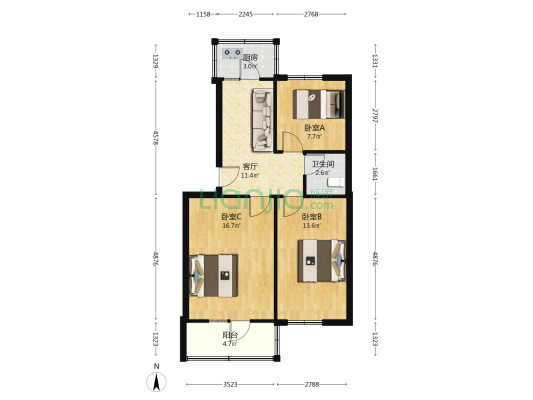 山西金融职业学院宿舍 3室1厅1卫 71平方