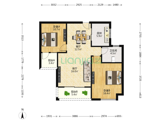 江景国际家园北区 2室2厅1卫 92平方