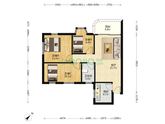 比华利山庄西区 3室1厅1卫 74平方