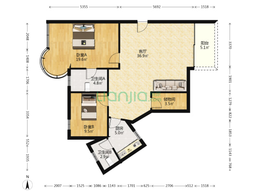 南江新村 2室1厅2卫 90平方