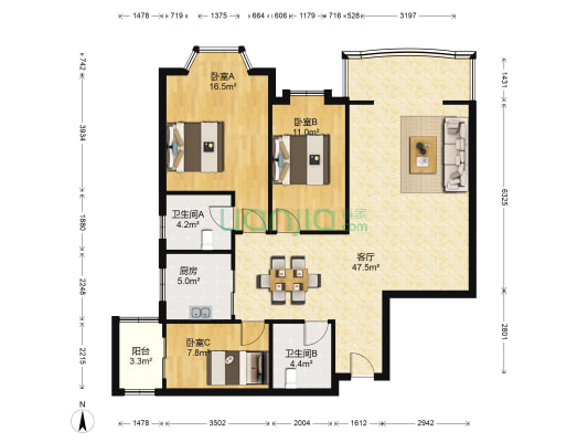 愉景大厦 3室1厅2卫 117平方