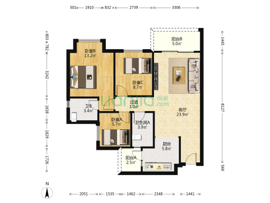 天誉智慧城雍江山 3室1厅2卫 93平方