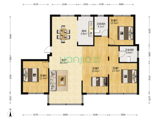 保集江湾花园 4室1厅2卫 148平方