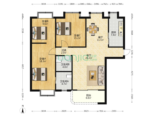 交通厅住宅 3室2厅2卫 126平方