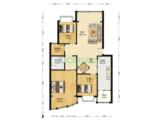 富源天地 3室2厅1卫 103平方