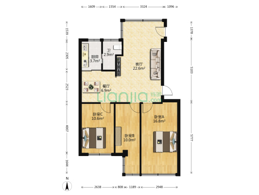 广东省新闻出版局宿舍 3室2厅1卫 84平方