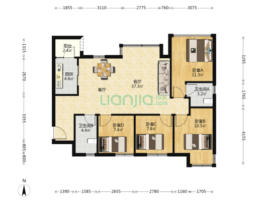 南湖别院三期C区 4室1厅2卫 99平方