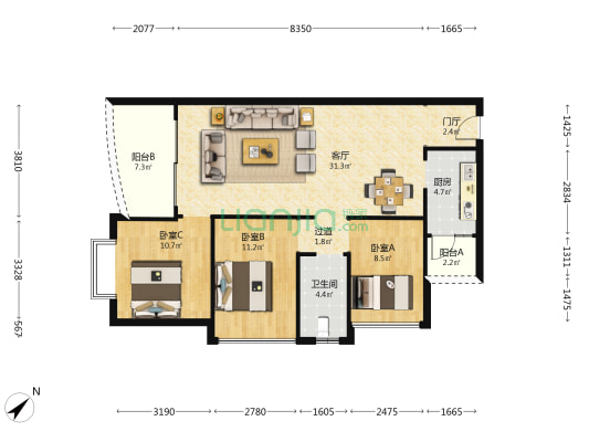 米兰天空 3室1厅1卫 102平方