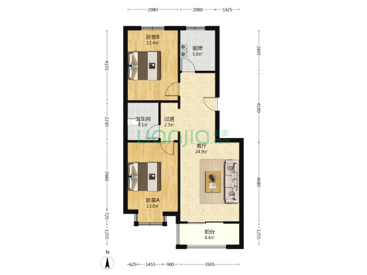 低楼层，客厅卧室朝南的两居，简装地板好改造-户型图