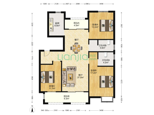 海洲阳光城 3室1厅2卫 131平方