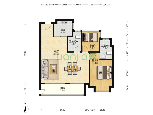 通和融创融耀星辰小区 2室1厅2卫 95平方
