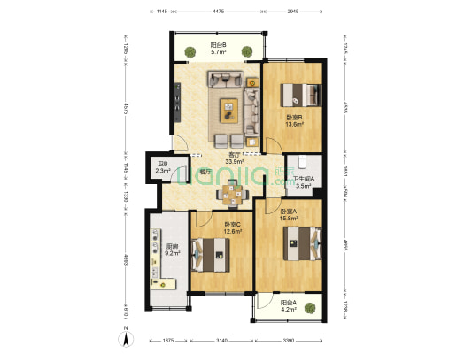 浩洋邨 3室1厅2卫 118平方