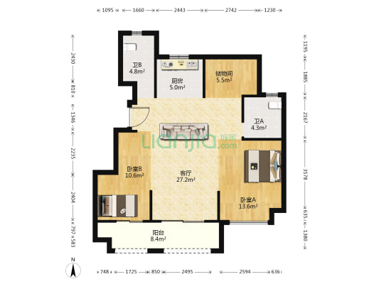 龙湖昱湖壹号苑 2室1厅2卫 97平方
