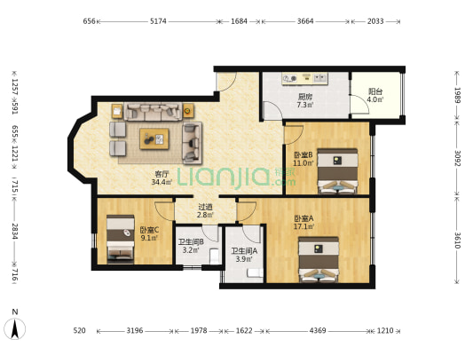 顺德安居小区 3室1厅2卫 110平方