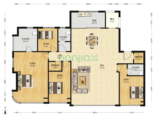 中海时光之镜 4室1厅3卫 238平方