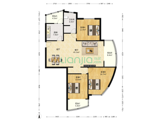 金海岸花园 3室1厅1卫 145平方