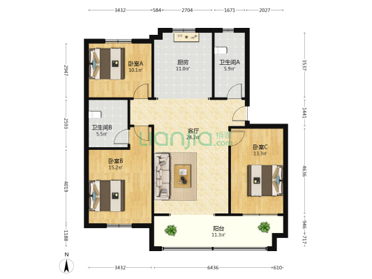 明星国际花园 3室1厅2卫 135平方