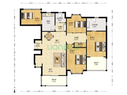 阳光公寓(普陀) 4室2厅2卫 156平方