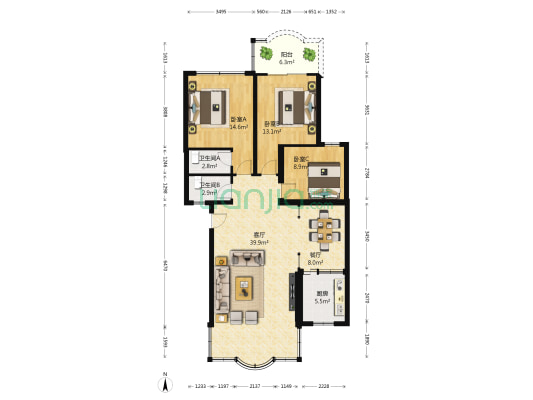 国土局宿舍 3室2厅2卫 114平方