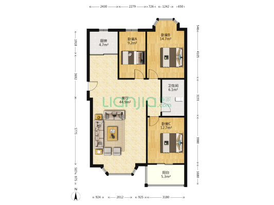 精装修， 精品大三居出售，视野*好-户型图