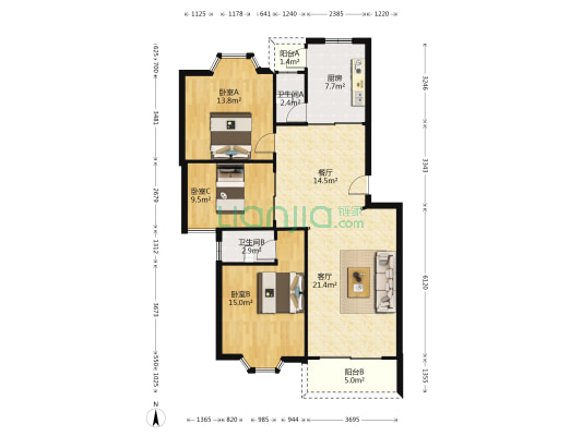 恒基花园 3室2厅2卫 110平方