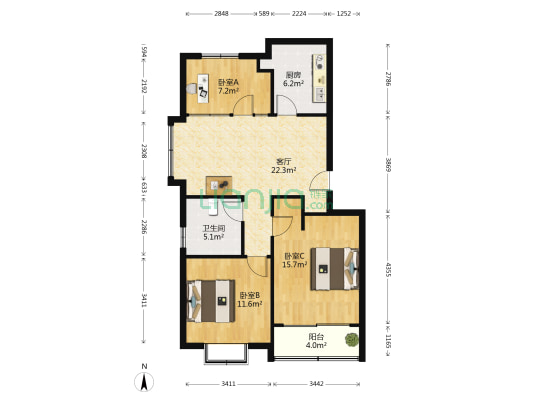 翰林苑小区 3室1厅1卫 94平方