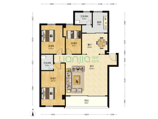 铸成小区 3室2厅2卫 131平方