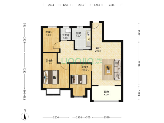 馨雅名庭西区 3室1厅1卫 92平方