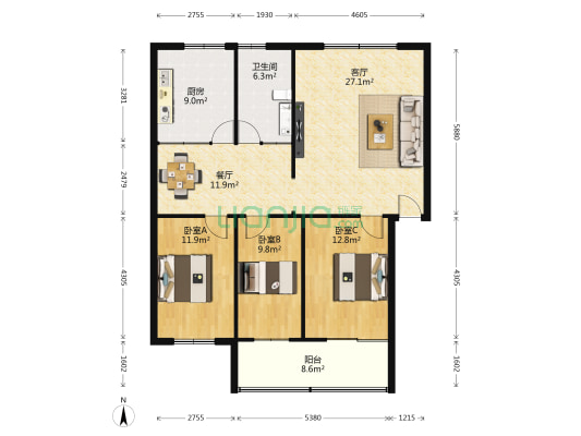 建设街2475号院 3室2厅1卫 127平方