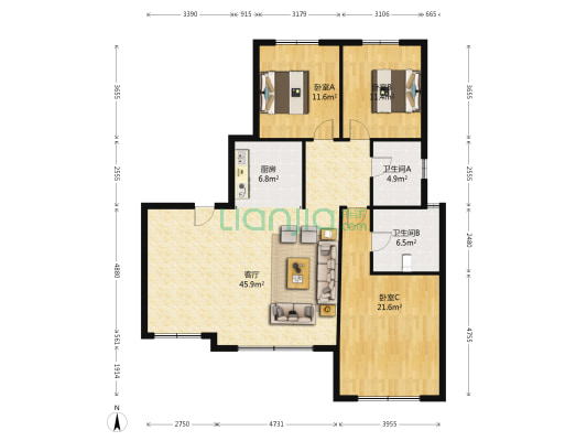 134平的大洋房 3居2卫  精装修 大产权-户型图