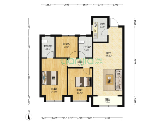 华润置地凯旋门 3室1厅2卫 113平方
