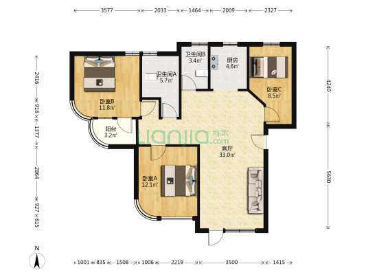 宝岛别墅 3室1厅2卫 107平方