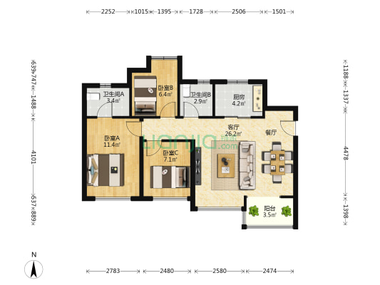 中南九锦台 3室1厅2卫 88平方