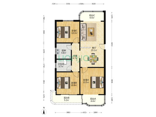 上丹花苑B区 3室1厅1卫 99平方