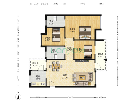 赏峰名邸 3室1厅2卫 109平方