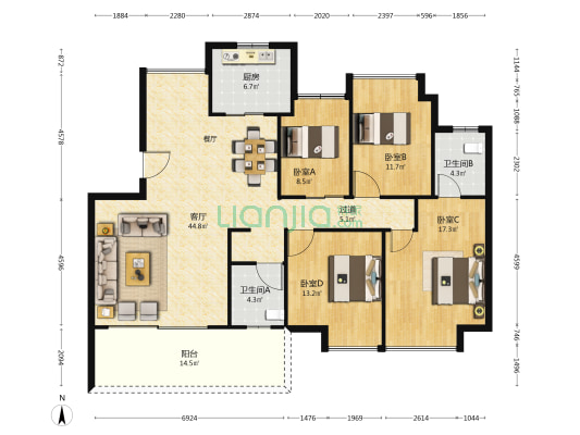 江北盛世华府 4室1厅2卫 154平方