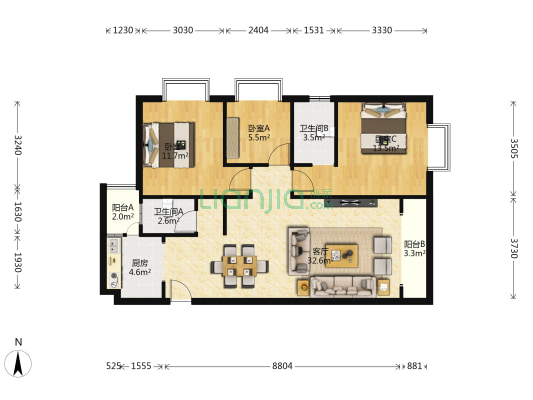 誉峰国际 3室1厅2卫 107平方
