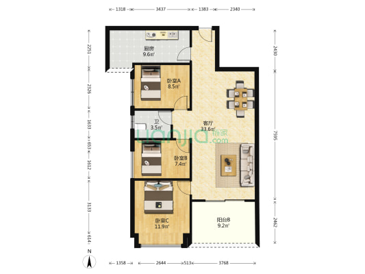 晓江川雅园 3室1厅1卫 98平方