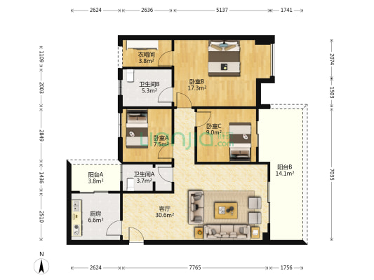 太平洋广场 3室1厅2卫 116平方
