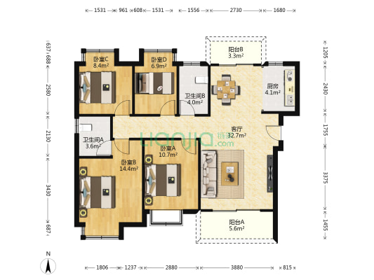 中洲崇安府 3室2厅2卫 107平方