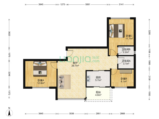 鼎泰公寓 3室1厅2卫 115平方