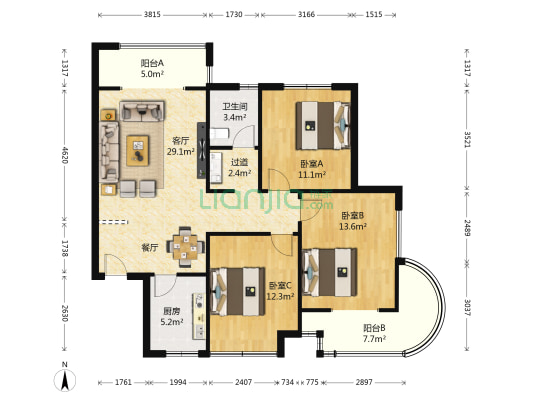 汇锦·伊顿公馆 3室1厅1卫 97平方