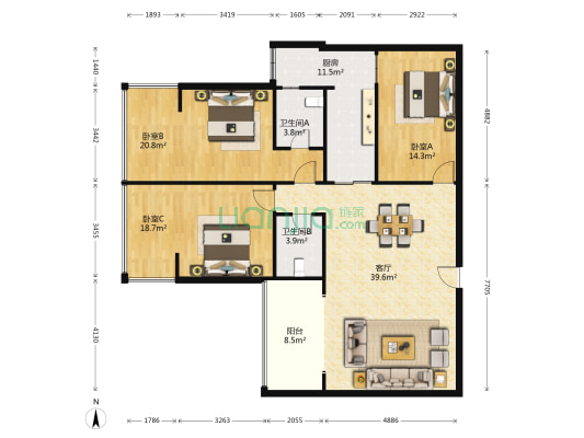 春江阁 3室1厅2卫 140平方