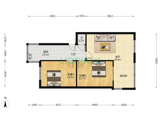 一环路东三段99号附8号 2室1厅1卫 64平方