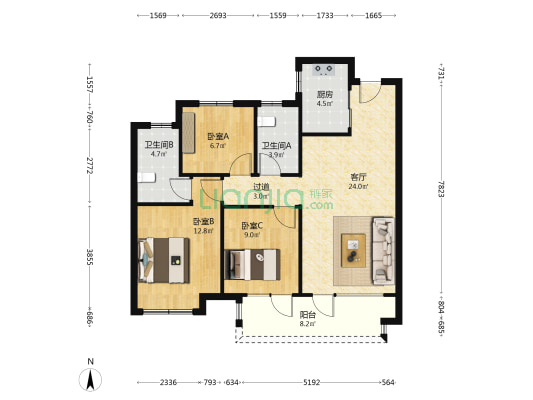 实地蔷薇国际 3室1厅2卫 108平方