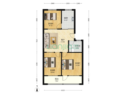 热电厂宿舍 3室1厅1卫 80平方